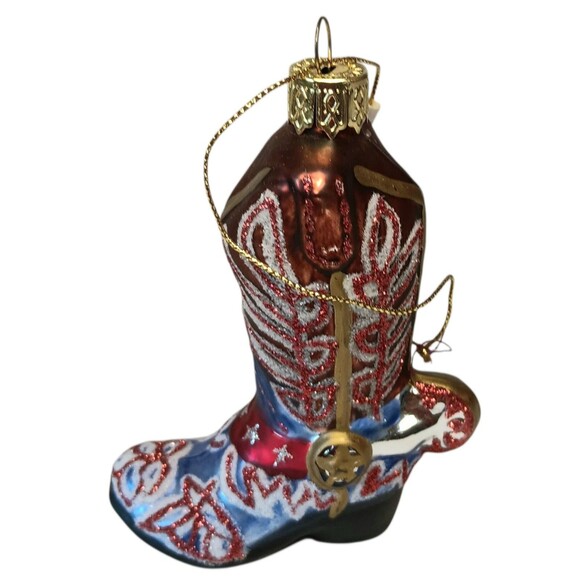 Cowboy Boot Christmas Ornament Blown Glass Brown Blue Red White Western 4x3 - Picture 3 of 8